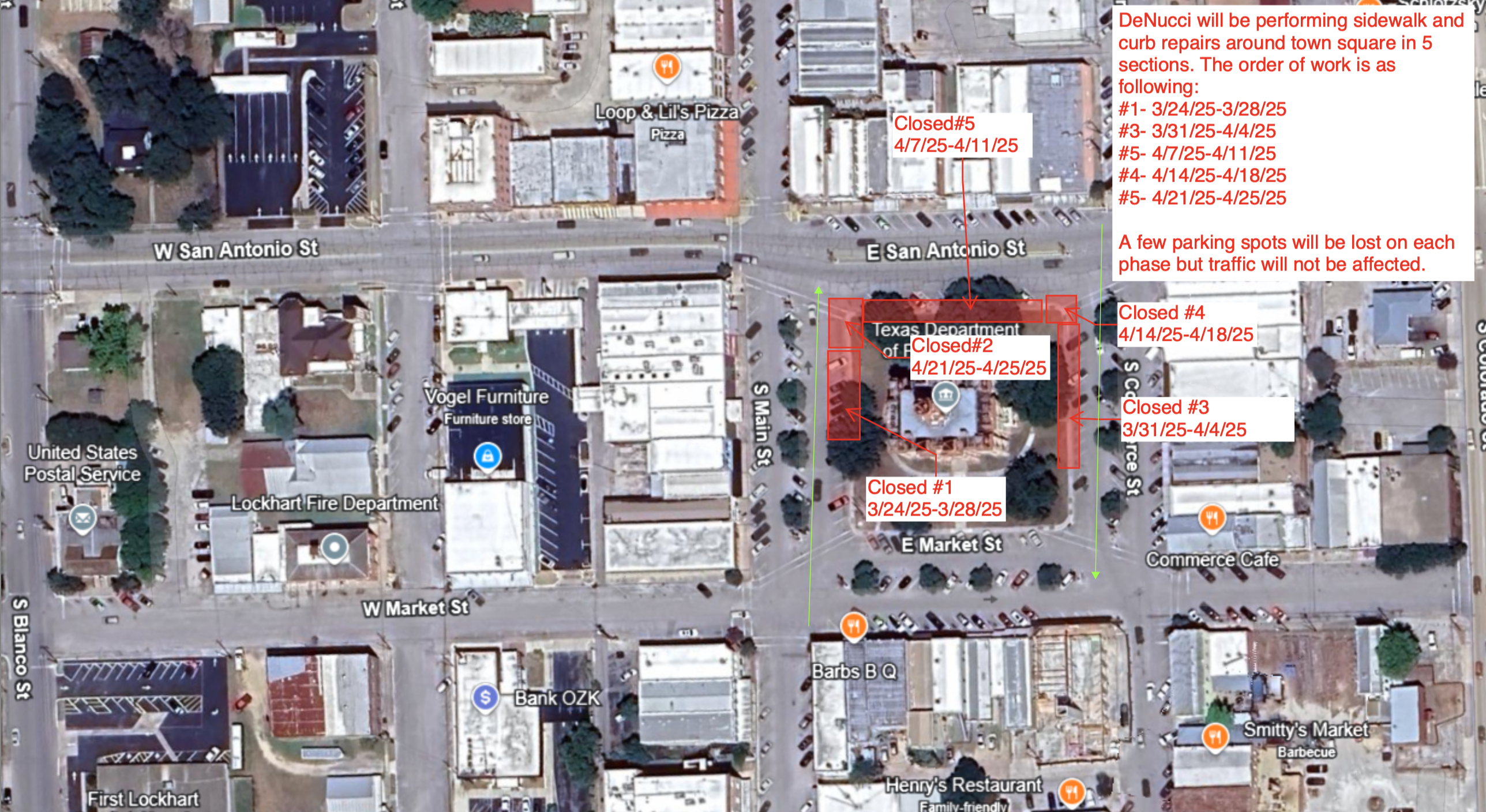 A map showing planned curb and sidewalk repairs on the Caldwell County Courthouse square in Lockhart. These are all listed in the article.